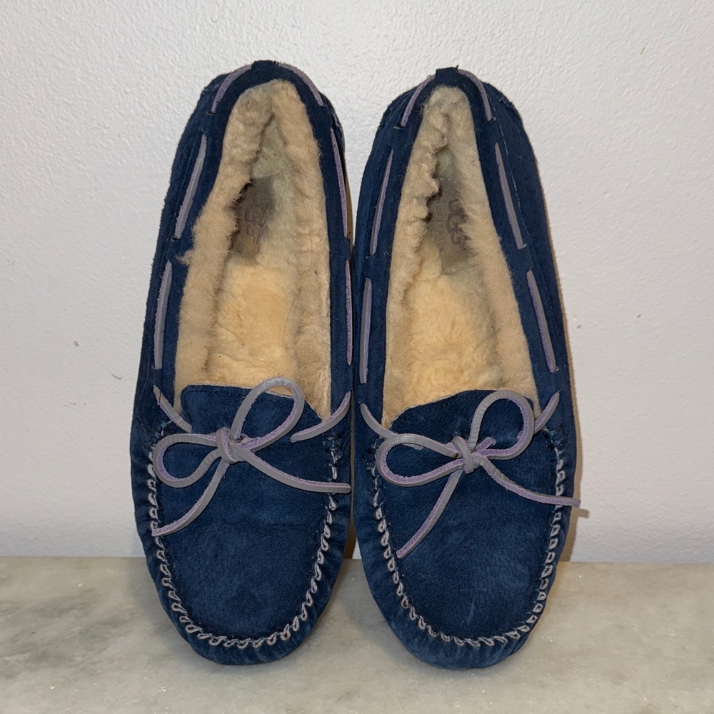 UGG Navy Suede Moccasins with Cream Lining